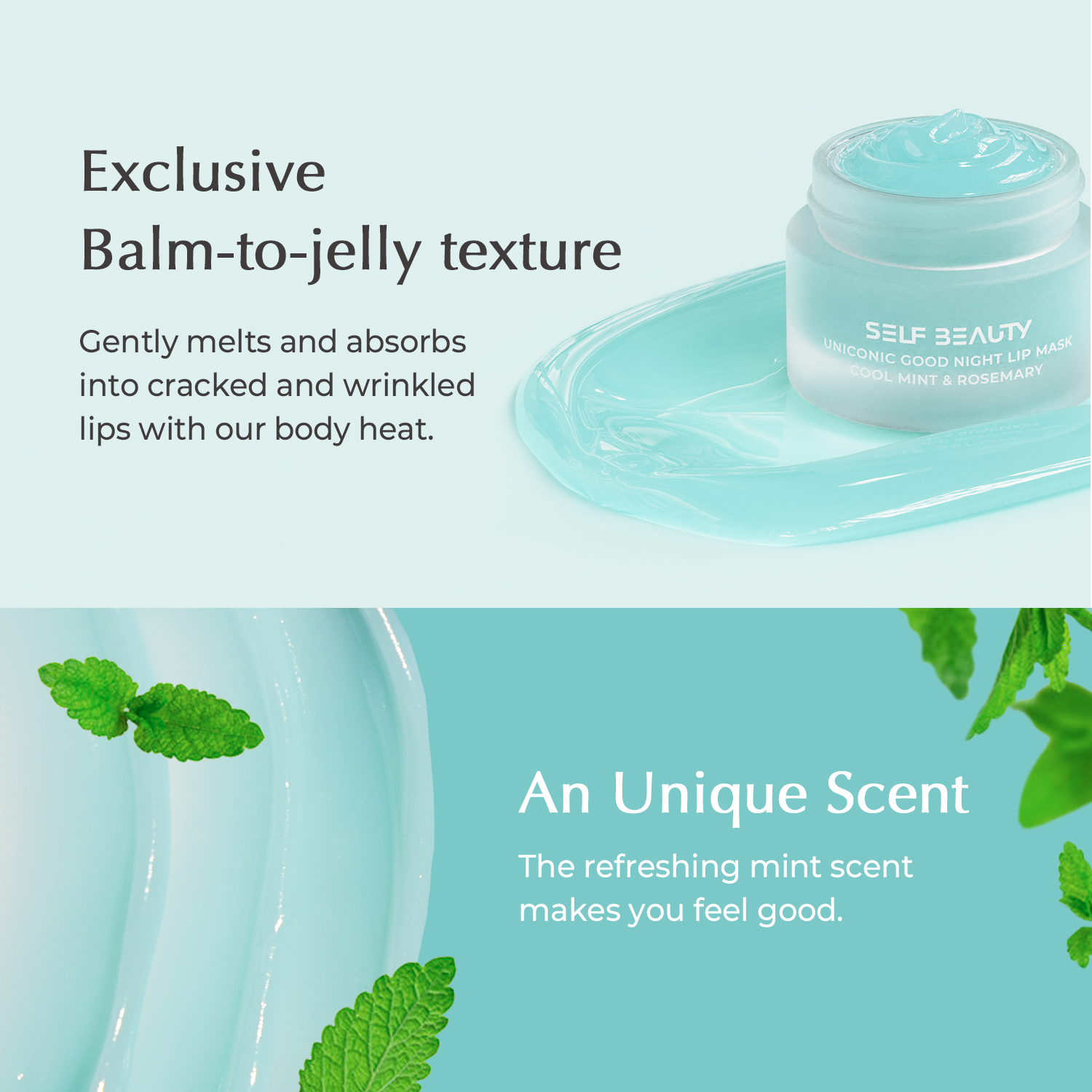 SELF BEAUTY Cool Mint & Rosemary Lip Mask 0.51oz - Vegan, Smooth Texture, Overnight Lip Treatment With Peppermint, Intensive Lip Repair, Cruelty-Free 14.5g - SELF BEAUTY